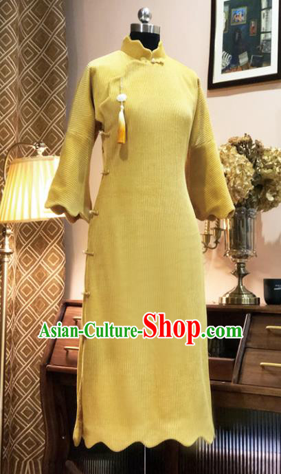 Chinese Traditional Yellow Corduroy Qipao Dress National Tang Suit Cheongsam Costumes for Women