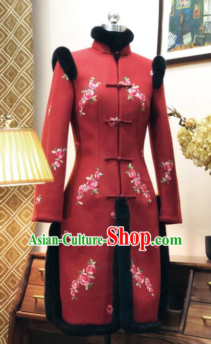 Chinese Traditional Winter Embroidered Red Cotton Padded Coat National Tang Suit Overcoat Costumes for Women