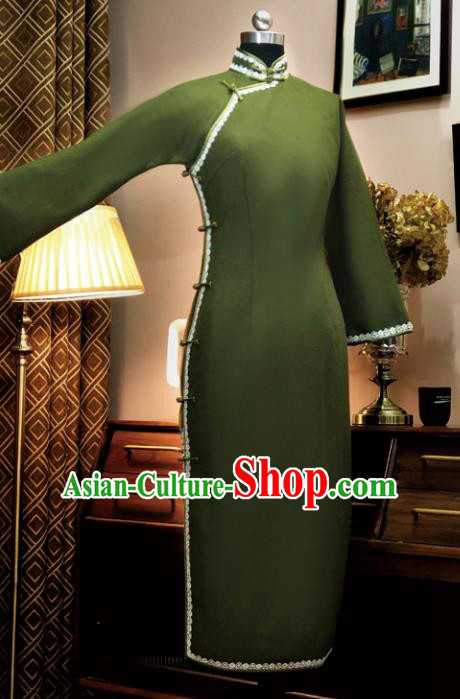 Chinese Traditional Green Woolen Qipao Dress National Tang Suit Cheongsam Costumes for Women