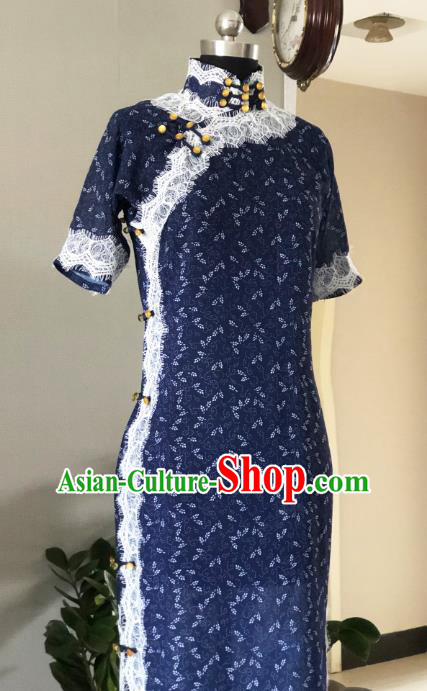 Chinese Traditional Navy Qipao Dress National Tang Suit Cheongsam Costumes for Women