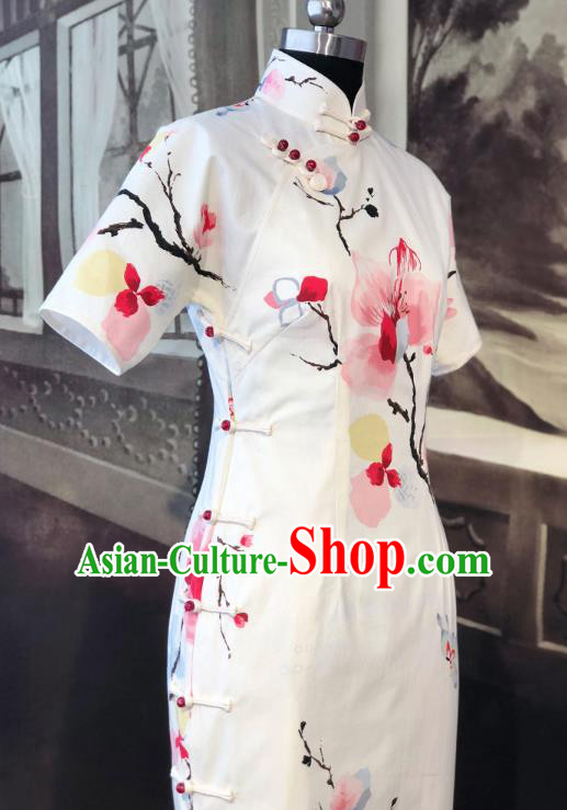 Chinese Traditional Printing White Qipao Dress National Tang Suit Cheongsam Costumes for Women