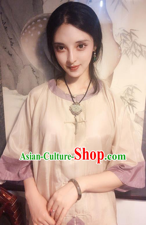 Chinese Traditional Beige Mandarin Shirt National Tang Suit Upper Outer Garment Blouse Costume for Women