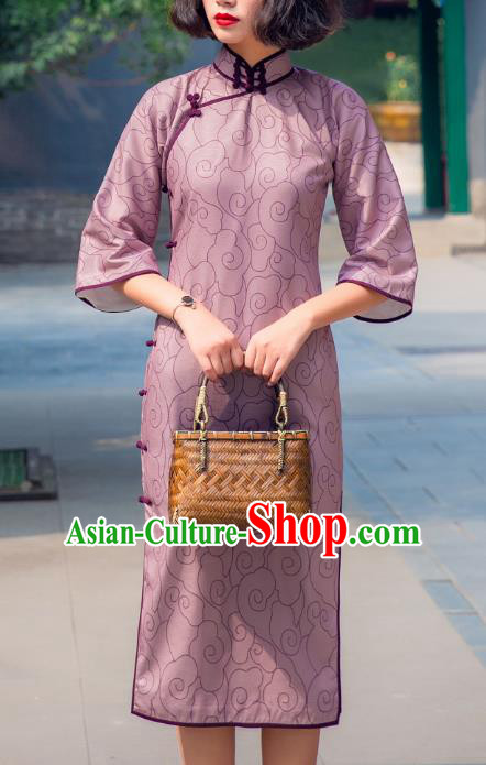 Chinese Traditional Lilac Flax Qipao Dress National Tang Suit Cheongsam Costumes for Women