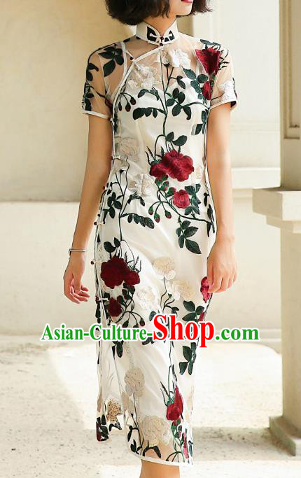 Chinese Traditional Embroidered Peony White Qipao Dress National Tang Suit Cheongsam Costumes for Women