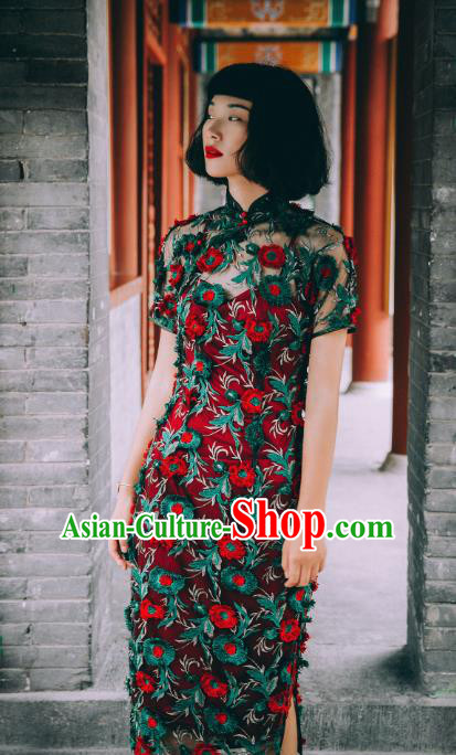 Chinese Traditional Embroidered Purplish Red Qipao Dress National Tang Suit Cheongsam Costumes for Women