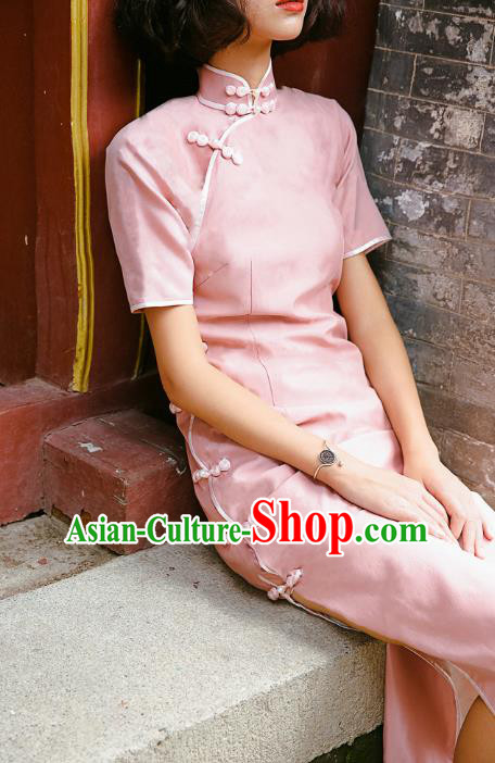 Chinese Traditional Pink Yarn Qipao Dress National Tang Suit Cheongsam Costumes for Women