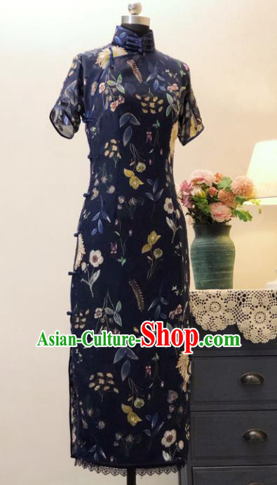 Chinese Traditional Navy Chiffon Qipao Dress National Tang Suit Cheongsam Costumes for Women