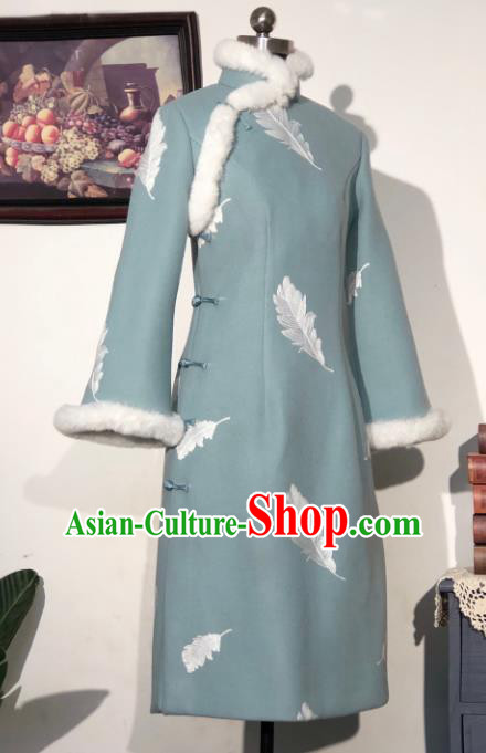 Chinese Traditional Green Woolen Winter Qipao Dress National Tang Suit Cheongsam Costumes for Women