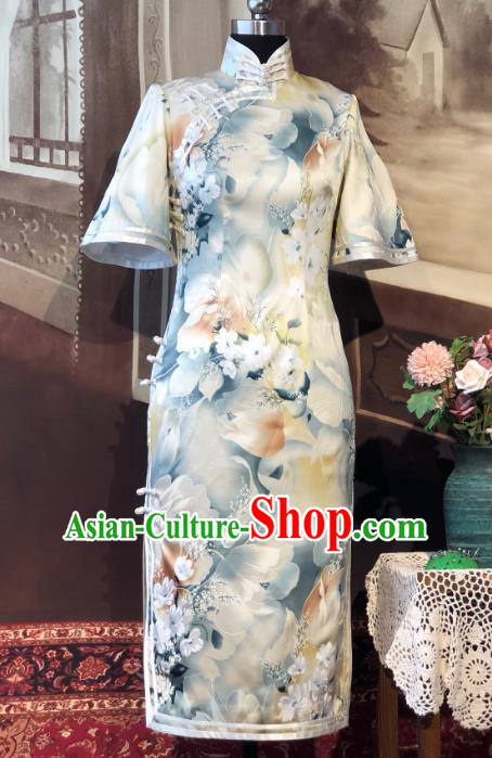 Chinese Traditional Printing Flowers Silk Qipao Dress National Tang Suit Cheongsam Costumes for Women