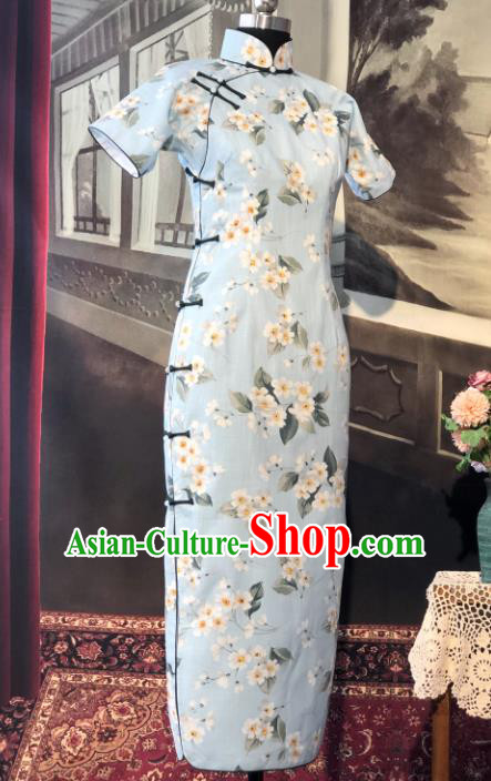 Chinese Traditional Printing Flowers Blue Qipao Dress National Tang Suit Cheongsam Costumes for Women