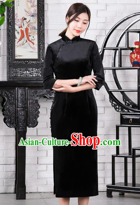 Chinese Traditional Black Velvet Qipao Dress National Tang Suit Cheongsam Costumes for Women