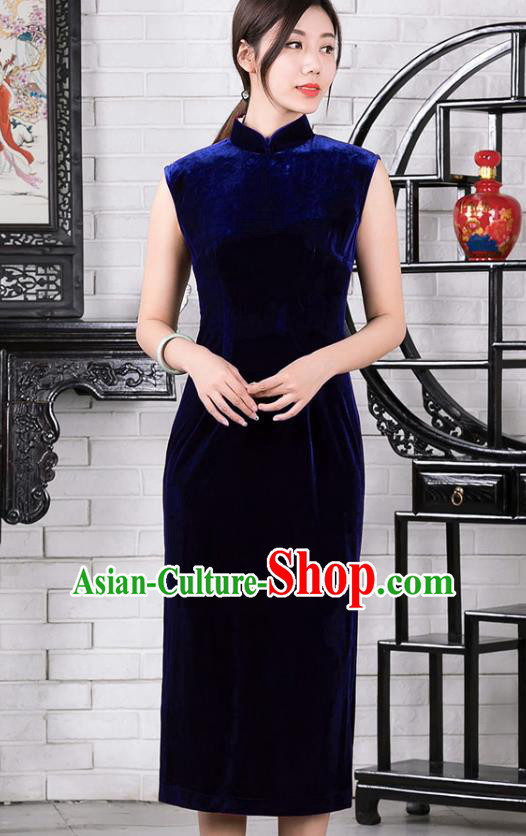 Chinese Traditional Royalblue Velvet Sleeveless Qipao Dress National Tang Suit Cheongsam Costumes for Women