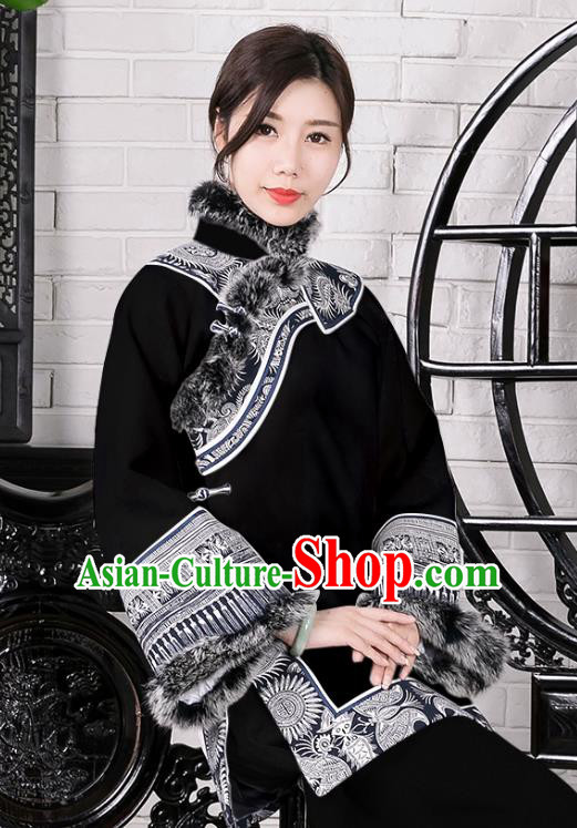 Chinese Traditional Winter Black Woolen Coat National Tang Suit Overcoat Costumes for Women