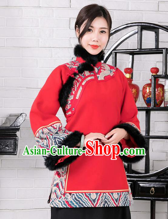 Chinese Traditional Winter Red Woolen Coat National Tang Suit Overcoat Costumes for Women