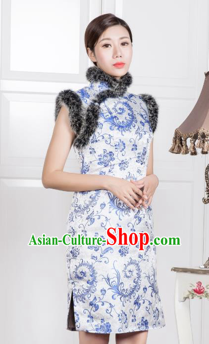 Chinese Traditional Printing White Silk Sleeveless Qipao Dress National Tang Suit Cheongsam Costumes for Women