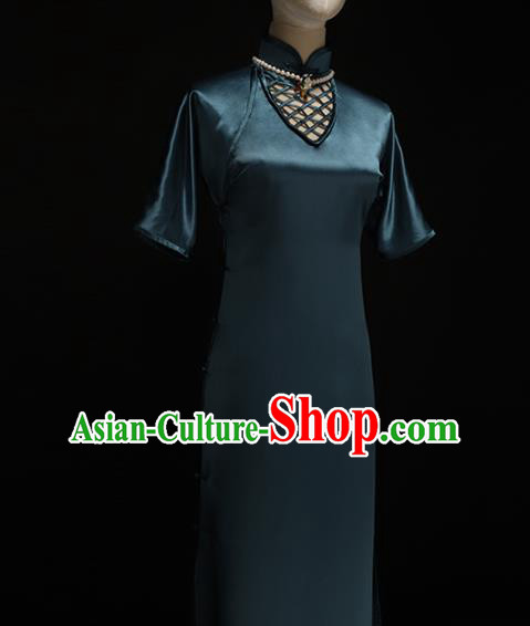 Chinese Traditional Peacock Blue Silk Qipao Dress National Tang Suit Cheongsam Costumes for Women