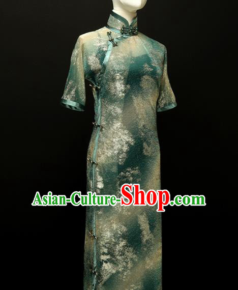 Chinese Traditional Green Fiber Qipao Dress National Tang Suit Cheongsam Costumes for Women