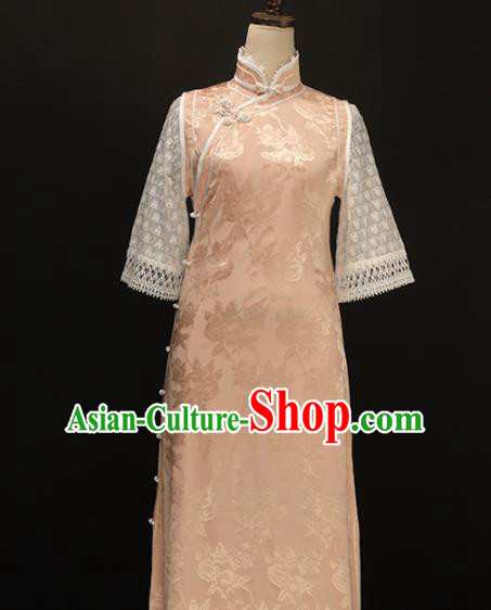 Chinese Traditional Jacquard Pink Qipao Dress National Tang Suit Cheongsam Costumes for Women