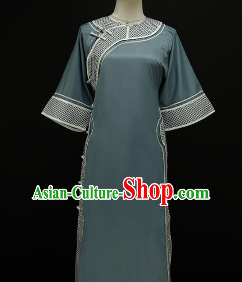 Chinese Traditional Plated Buttons Blue Qipao Dress National Tang Suit Cheongsam Costumes for Women