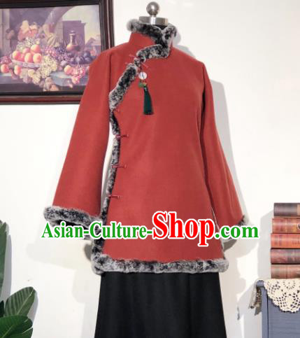 Chinese Traditional Winter Purplish Red Coat National Tang Suit Overcoat Costumes for Women