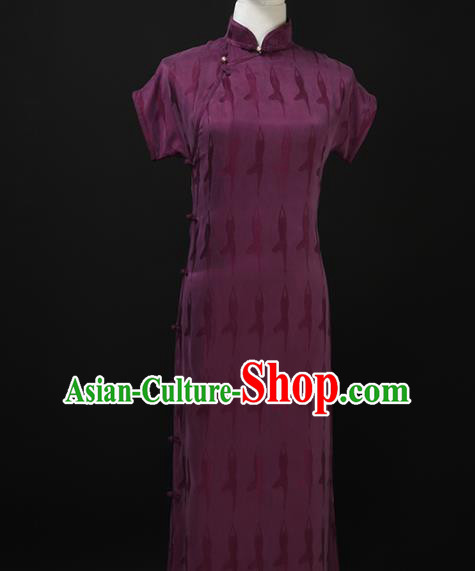 Chinese Traditional Purple Silk Long Qipao Dress National Tang Suit Cheongsam Costumes for Women