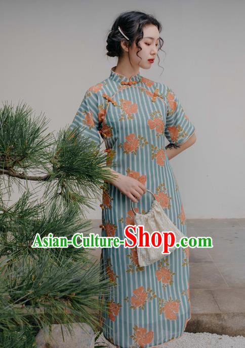 Chinese Traditional Retro Printing Green Qipao Dress National Tang Suit Cheongsam Costumes for Women