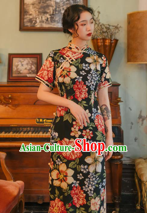 Chinese Traditional Retro Printing Black Qipao Dress National Tang Suit Cheongsam Costumes for Women