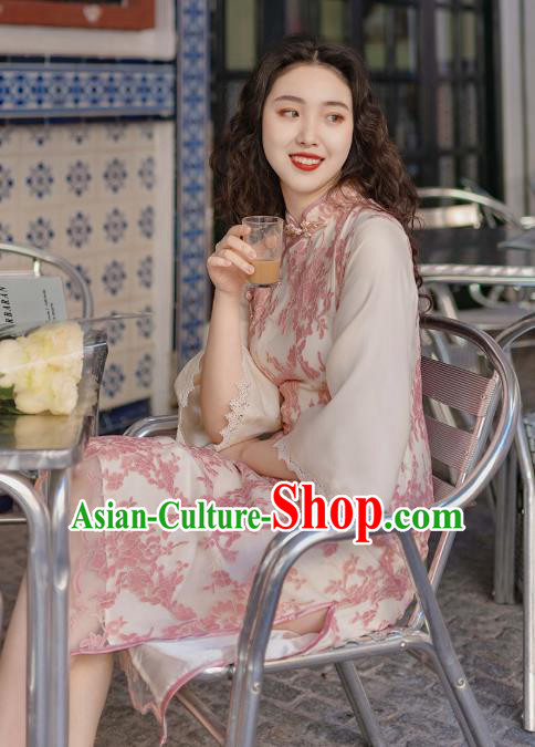 Chinese Traditional Retro Pink Embroidered Qipao Dress National Tang Suit Cheongsam Costumes for Women
