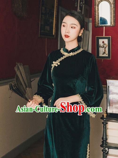 Chinese Traditional Retro Deep Green Velvet Qipao Dress National Tang Suit Cheongsam Costumes for Women