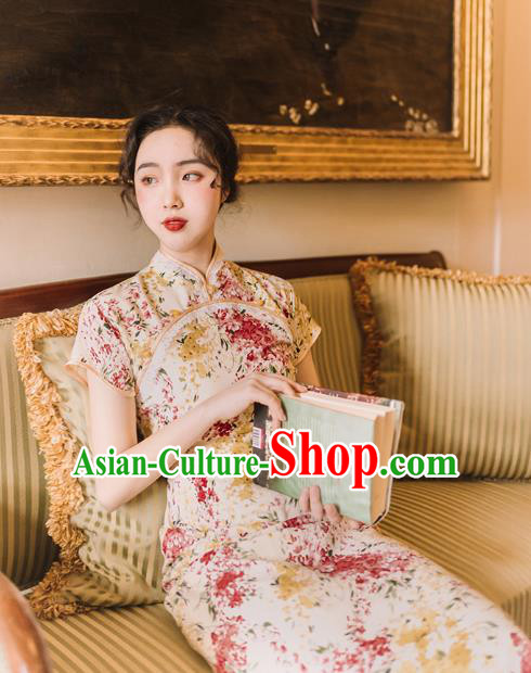 Chinese Traditional Retro Printing Qipao Dress National Tang Suit Cheongsam Costumes for Women