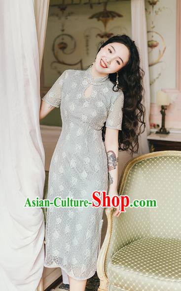 Chinese Traditional Retro Green Lace Qipao Dress National Tang Suit Cheongsam Costumes for Women