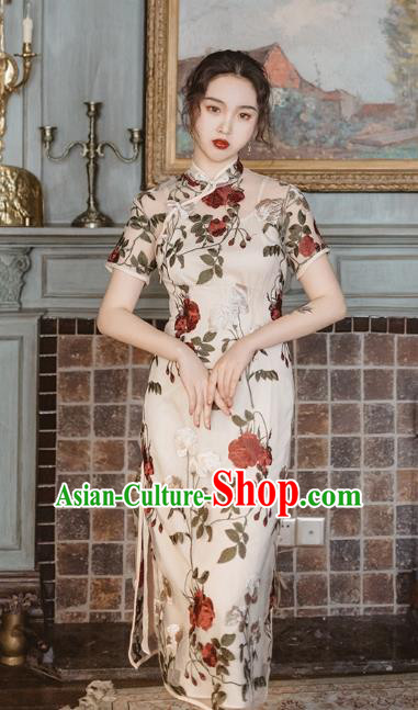 Chinese Traditional Roses Pattern Beige Qipao Dress National Tang Suit Cheongsam Costumes for Women