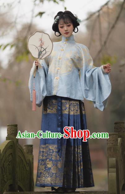 Chinese Traditional Ming Dynasty Princess Blue Dress Ancient Court Lady Historical Costumes for Women