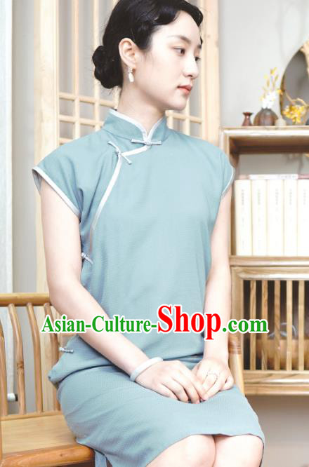 Republic of China Traditional Lake Blue Qipao Dress Chinese National Tang Suit Cheongsam Costumes for Women