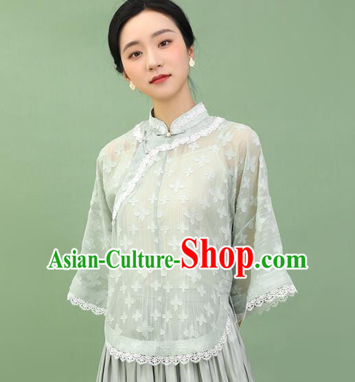 Chinese Traditional Tang Suit Light Green Blouse National Shirt Upper Outer Garment Costumes for Women