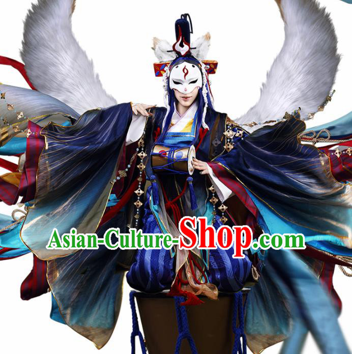 Japanese Traditional Cosplay Onmyoji Blue Clothing Ancient Knight Swordsman Costumes for Men