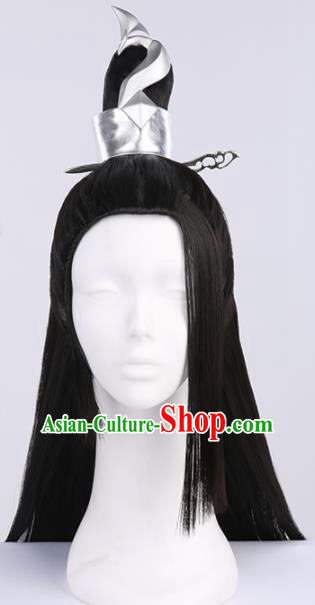 Chinese Traditional Han Dynasty Taoist Black Wigs Ancient Swordsman Wig Sheath for Men