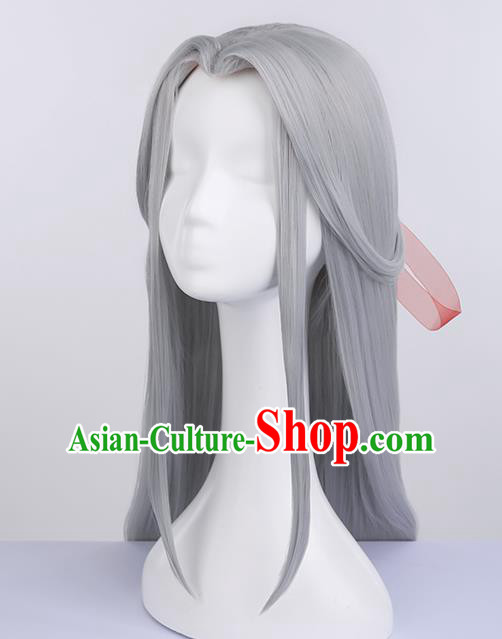 Chinese Traditional Ming Dynasty Taoist Grey Wigs Ancient Swordsman Wig Sheath for Men