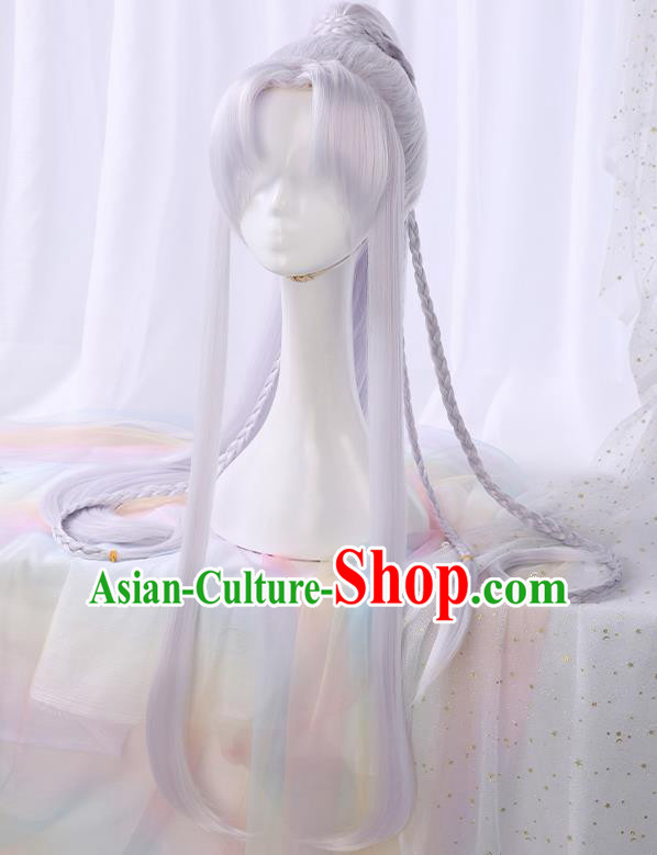 Chinese Traditional Cosplay Swordsman Light Purple Wigs Ancient Knight Wig Sheath for Men