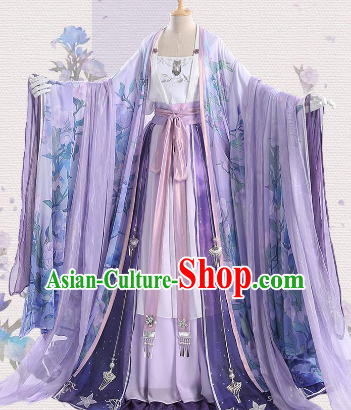 Chinese Traditional Cosplay Goddess Purple Hanfu Dress Ancient Swordswoman Costumes for Women