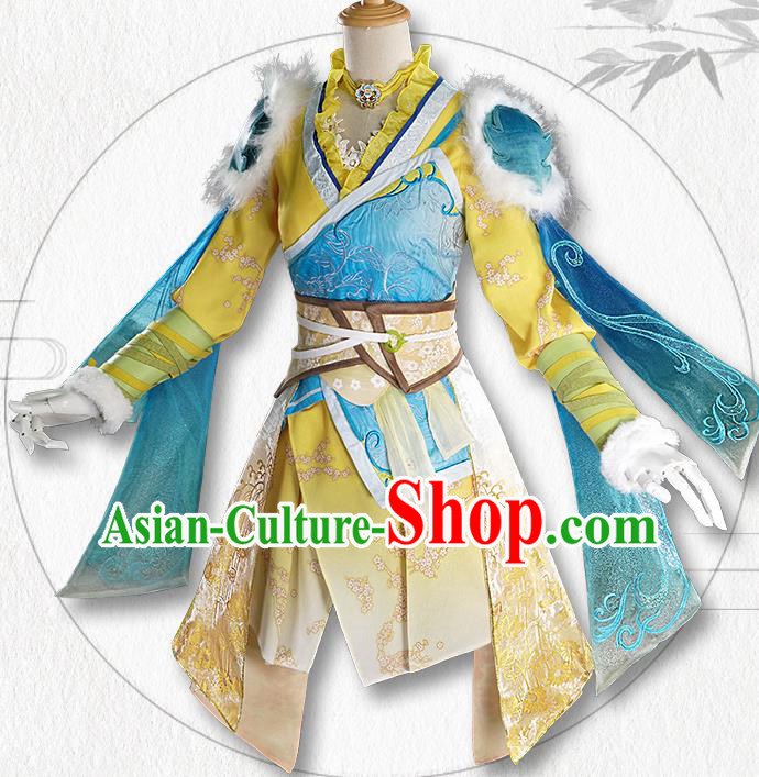 Chinese Traditional Cosplay Goddess Yellow Hanfu Dress Ancient Swordswoman Costumes for Women