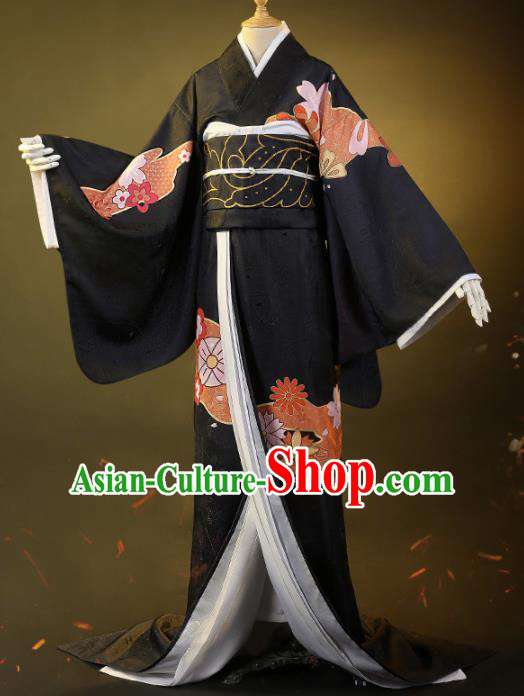 Japanese Traditional Cosplay Geisha Printing Black Kimono Dress Japan Costumes for Women