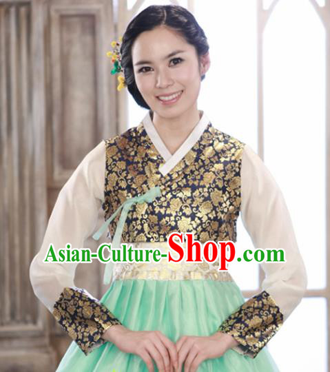 Korean Traditional Bride Hanbok Black Satin Blouse and Green Dress Garment Asian Korea Fashion Costume for Women