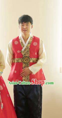 Korean Traditional Pink Vest and Black Pants Hanbok Asian Korea Bridegroom Fashion Costume for Men