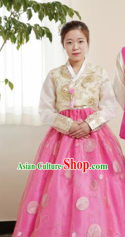 Korean Traditional Bride Hanbok White Blouse and Pink Dress Garment Asian Korea Fashion Costume for Women