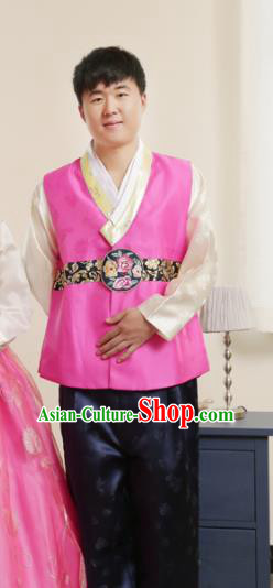 Korean Traditional Rosy Vest and Navy Pants Hanbok Asian Korea Bridegroom Fashion Costume for Men