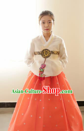 Korean Traditional Bride Hanbok White Blouse and Orange Dress Garment Asian Korea Fashion Costume for Women