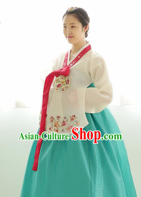 Korean Traditional Wedding Bride Hanbok White Blouse and Green Dress Garment Asian Korea Fashion Costume for Women