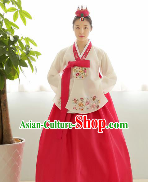 Korean Traditional Wedding Bride Hanbok White Blouse and Pink Dress Garment Asian Korea Fashion Costume for Women