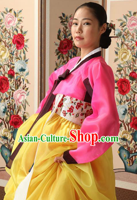 Korean Traditional Court Queen Hanbok Pink Blouse and Yellow Dress Garment Asian Korea Fashion Costume for Women